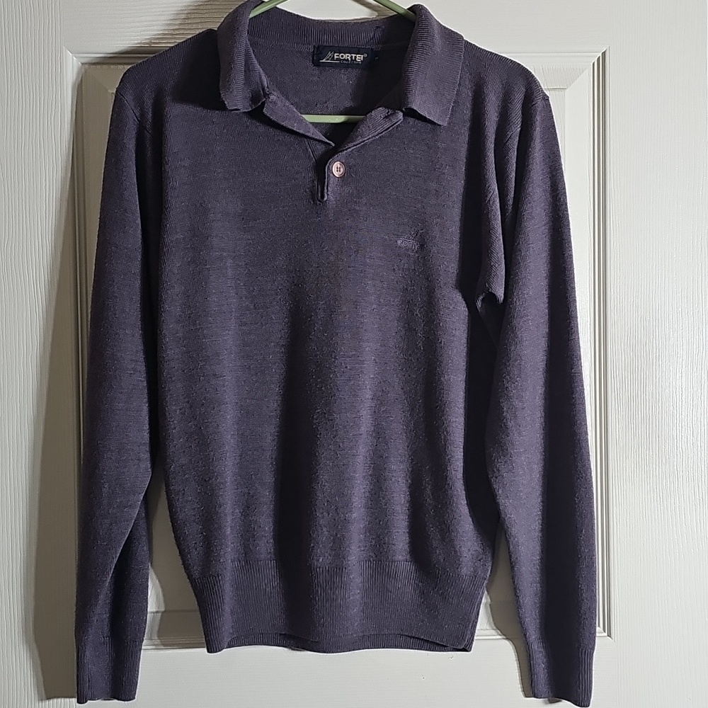 Vintage Fortei Italian Knit Polo Sweater Long Sleeve Purple Gray Size 2 Fits S